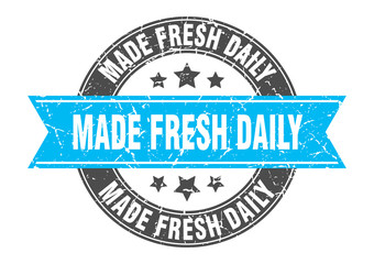 made fresh daily round stamp with turquoise ribbon. made fresh daily
