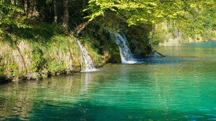 Water falls directly from the forest onto the turquoise surface of the lake