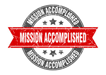 mission accomplished round stamp with red ribbon. mission accomplished