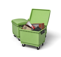 3d rendering of green trash bins with vintage tv set, radio and megaphone inside