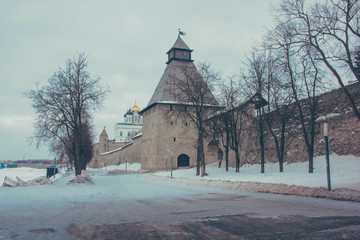 Ancient walls of the Pskov Kremlin. Russia. January 2019.