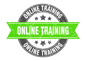 online training round stamp with green ribbon. online training