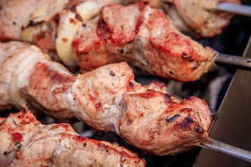 Meat skewers with onions on skewers. Charcoal meat.