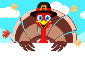 Turkey in a hat looks out from behind a white shield, a place for text. Thanksgiving day