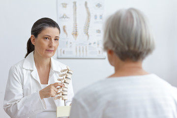 Aging and back pain concept: doctor of orthopedics showing her senior patient a slipped disk on a backbone model. - obrazy, fototapety, plakaty