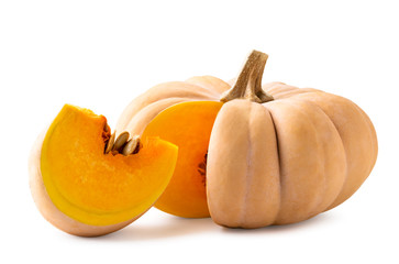 Ripe pumpkin with cut piece on a white background. Isolated.