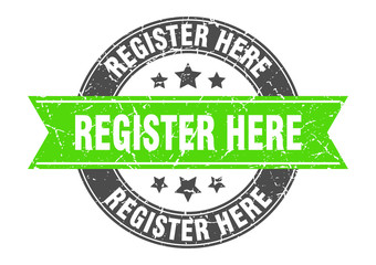 register here round stamp with green ribbon. register here