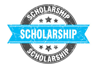 scholarship round stamp with turquoise ribbon. scholarship