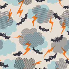 Flying bats in lightning seamless vector pattern.