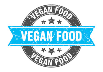 vegan food round stamp with turquoise ribbon. vegan food