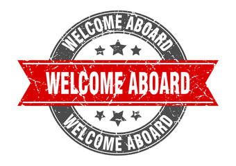 welcome aboard round stamp with red ribbon. welcome aboard
