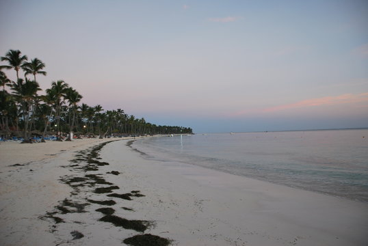 Pleasure and fishing ships are on the raid near the beach at sunset. Punta Cana, Dominican
