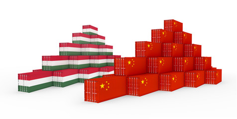 Fototapeta premium 3D Illustration of the group Cargo Containers with Hungary and China Flag on white background. Delivery, transportation, shipping freight transportation.