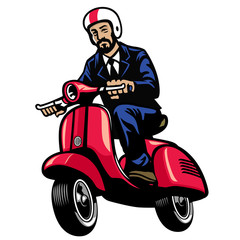 man in black suit riding vintage scooter