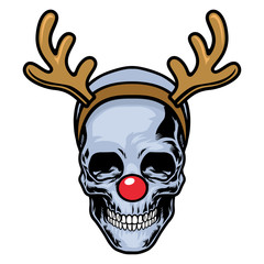 skull wearing red nose and reindeer headband