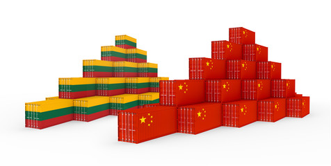 Fototapeta premium 3D Illustration of the group Cargo Containers with Lithuania and China Flag on white background. Delivery, transportation, shipping freight transportation.