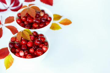 red ripe fresh cranberries in bowls on the table. background with cranberries. cranberries and autumn red leaves on white background.