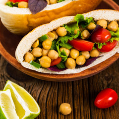 Garbanzo Bean or Chickpea Salad Veggie Pitas. Selective focus.