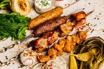 Barbecue meat. Grilled pork skewers on plate. Menu concept.