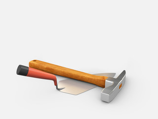 3d Illustration of Realistic Trowel and Hammer isolated on gray background