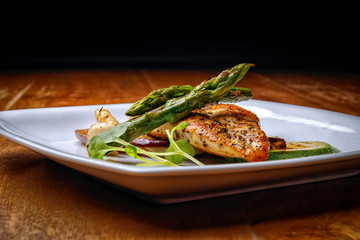 diet food, fitness style diet, healthy food, a piece of chicken, presentation and serving, rustic style, vegetables for meat, healthy food, diet product, protein, a dish in a plate, menu