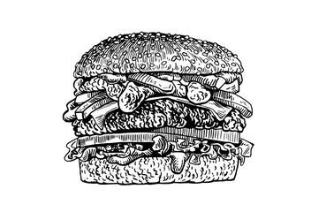 Graphical sketch of hamburger isolated on white background,vector illustration for printing,fast food
