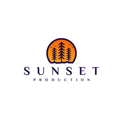 Simple Luxury Sunset/ Sunrise Evergreen Pine Trees Vector Logo design