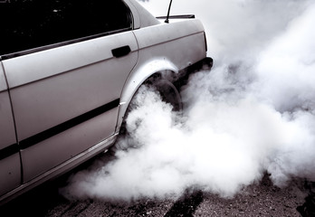 Moldova 25.09.2019. Sport modern Stance Car racing car drifting with smoke drift burnout, big...
