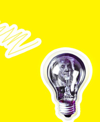 Lamp bulb with money inside on yellow background. Pop art style. Expensive electricity. Rising on...