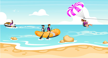 Couple activities flat vector illustration. Extreme sports. Riding boat, scooter. Teamwork parachuting. Water outdoor activities. Active lifestyle, fun entertainment. Sports people cartoon characters
