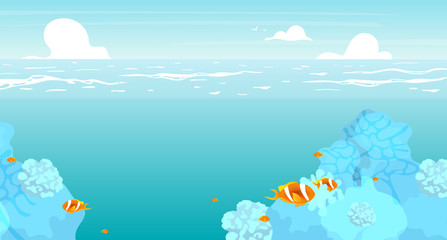 Fototapeta na wymiar Underwater flat flat vector illustration. Summer ocean, sea scenery backdrop design. Vacation resort, deep sea with reefs and tropical fish. Turquoise lagoon. Seascape cartoon background, wallpaper