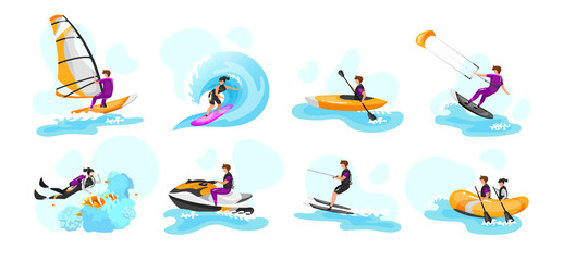 Obraz premium Extreme water sport flat vector illustrations set. Surfing, canoeing, kayaking. Scuba diving. Water-skiing sportsman. Kitesurfing athlete. Couple on boat. Sports people isolated cartoon characters