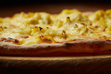 pizza with pineapples, Italian dish, pizzeria, presentation and serving, menu, beautifully decorated dish, delicious food, pizza, delicious and hot pizza, greens, pizza wooden board