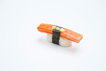 nigiri sushi made of kani kama isolated on white background