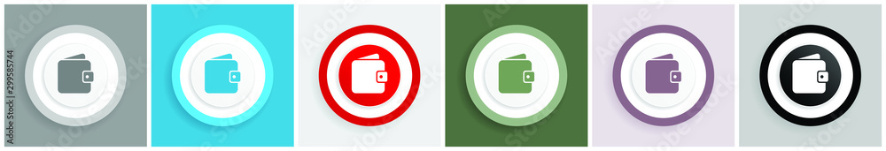 Aufkleber purse, wallet icon set, colorful flat design vector illustrations in 6 options for web design and mo