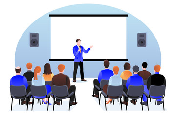 People at the seminar, presentation, conference. Vector illustration. Business training, coaching and education concept - obrazy, fototapety, plakaty