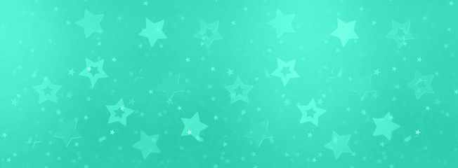 Stars on mint color background with bokeh. Texture for new year, birthday, baby shower party. Trendy green and turquoise color. Creative pattern. Banner