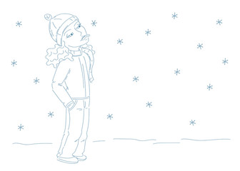 cute girl with cap and scarf catching snowflakes with her tongue