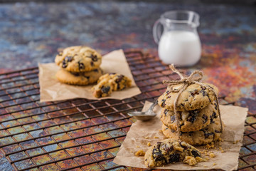 Chocolate chip cookies on rustic background, Homemade Chocolate Chip Cookie Dough.