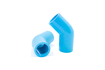 PVC blue pipe elbow 45 degree connect fitting isolated white background.