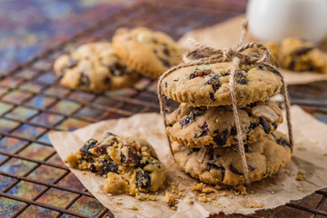 chocolate chip cookies on wooden table