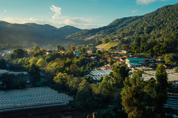 Beautiful scenery panorama of the Khun Klang village in the valley at Morning time , Location's Doi Inthanon nation park Chomthong District Chiang Mai Province North of Thailand