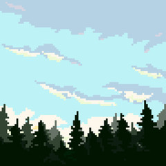 Vector illustration of pine trees. Coniferous forest silhouette template. Pixel art. 8 bit. 