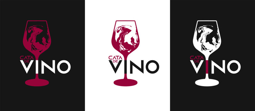 Wine glass illustration with liquid effect. Wine tasting text in Spanish "Cata de vino".
