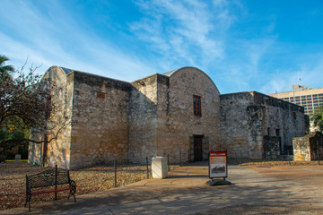 The Alamo Mission front facade in downtown San Antonio, Texas, USA. The Mission is a part of the...