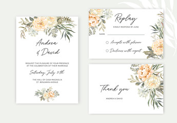Wedding cards design. Creamy rose flowers, dark green leaves bouquets. Vector illustration. Floral arrangements. Invitation template background 
