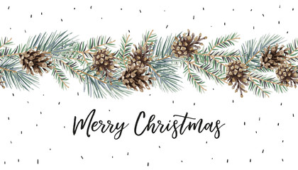 Xmas garland with text Merry Christmas, white background. Green pine, fir twigs, cones. Vector illustration. Nature design. Greeting card, poster template. Winter holidays. Seamless border