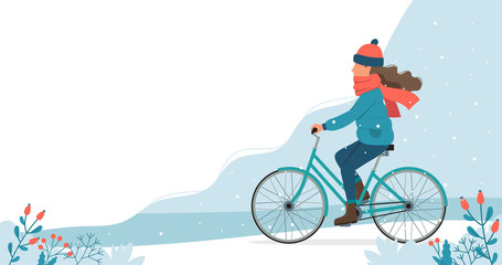 Girl riding bike in the park in winter. Cute vector illustration in flat style.
