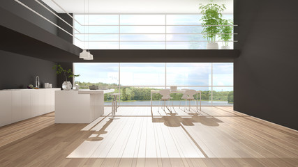 Fototapeta na wymiar Modern minimalist kitchen with island and dining table with chairs, parquet floor, mezzanine and big panoramic windows with lake view, morning light, bamboo plants, interior design