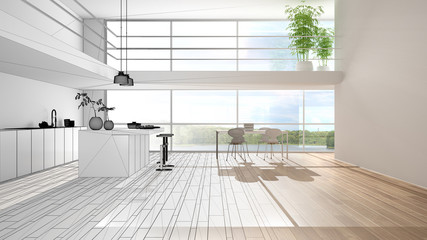 Architect interior designer concept: unfinished project that becomes real, minimalist kitchen with island, dining table with chairs, mezzanine, big panoramic windows, interior design